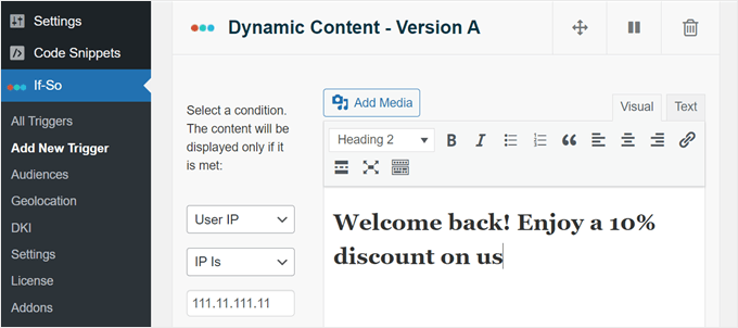 Creazione di una variante di contenuto dinamico con il plug-in If-So