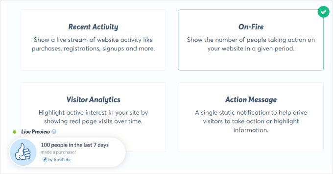 Esempio di tipo di campagna TrustPulse On Fire