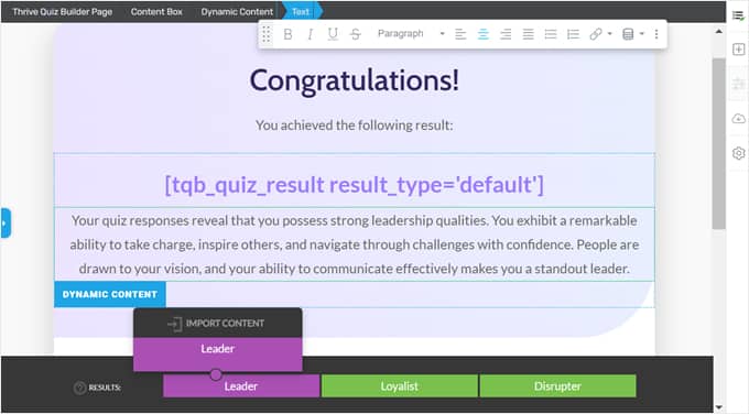 Funzionalità di contenuto dinamico in Thrive Quiz Builder