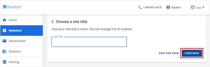 Inserimento del titolo del sito per un nuovo sito Bluehost WordPress