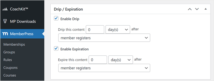 Le funzionalità Drip e Expiration in MemberPress