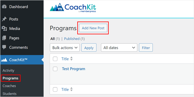 Aggiunta di un nuovo programma nel CoachKit di MemberPress