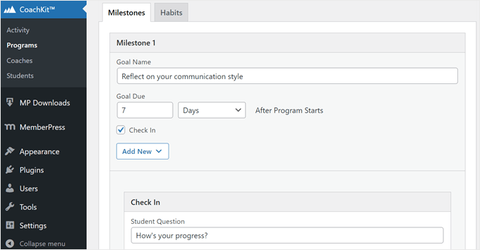 Impostazione di una pietra miliare del programma di coaching in MemberPress