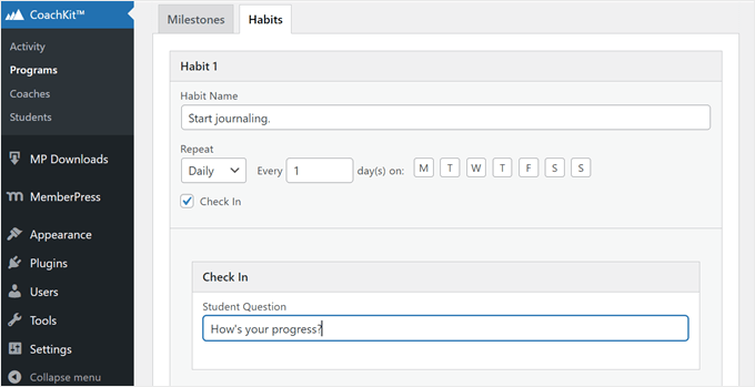 Configurazione di un'abitudine al programma di coaching in MemberPress