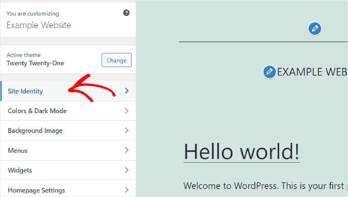 Selezionando la scheda Identità del sito nella personalizzazione del tema WordPress
