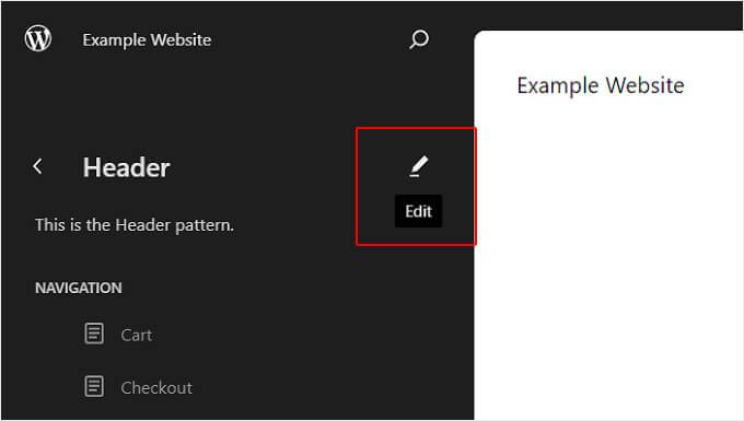 Facendo clic sul pulsante Modifica sul modello di intestazione all'interno dell'editor del sito completo WordPress