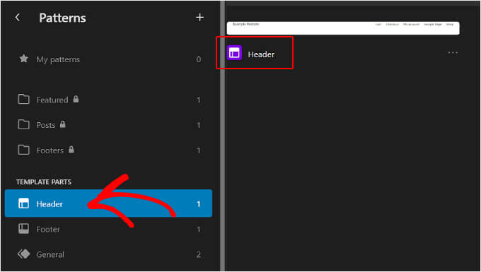 Selezione del modello di intestazione sull'editor del sito completo WordPress