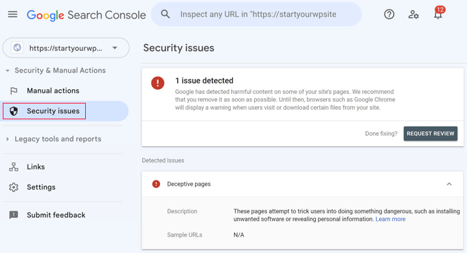 Problemi di sicurezza di Google Search Console