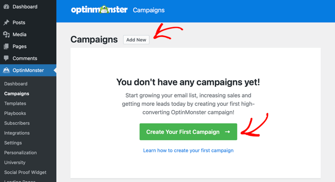 Aggiunta di una nuova campagna in OptinMonster