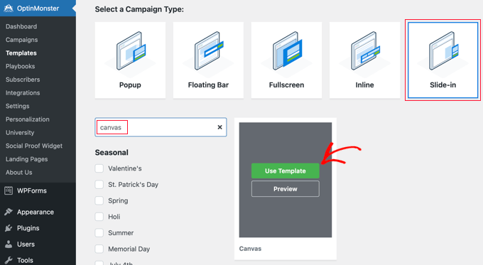 Seleziona un tipo di campagna e un modello in OptinMonster