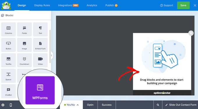 Trascinando il blocco WPForms in OptinMonster