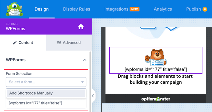 Incolla lo shortcode per il tuo modulo WPCode in OptinMonster