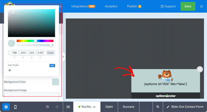 Modifica del colore di sfondo in OptinMonster