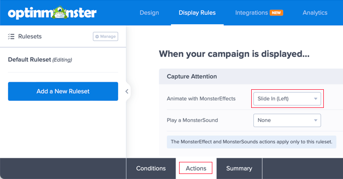 Azioni delle regole di visualizzazione di OptinMonster