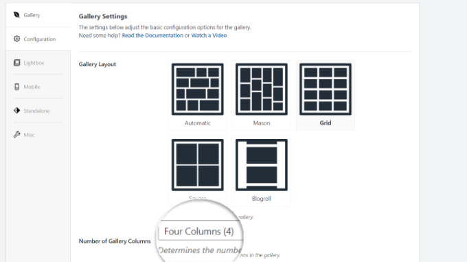 Scegli il layout della galleria e il numero di colonne