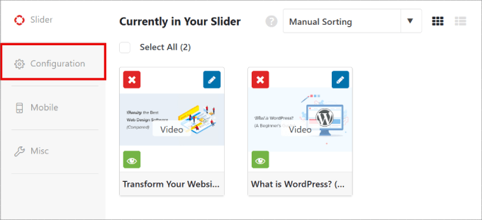 Scheda di configurazione per le diapositive video 