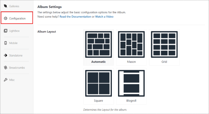 layout di configurazione 