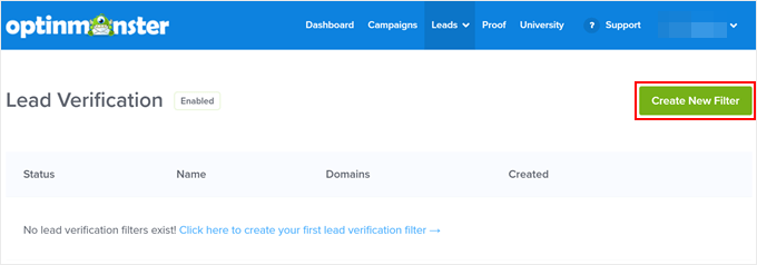 Creazione di un nuovo filtro di verifica dei lead in OptinMonster