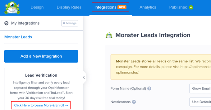 Abilitazione del componente aggiuntivo Lead Verification in OptinMonster