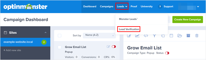 Il menu Verifica lead in OptinMonster