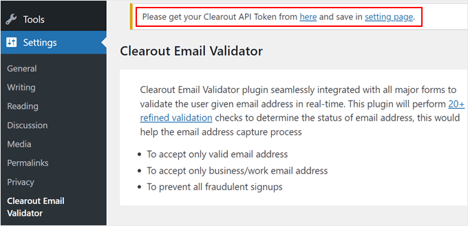 Messaggio di notifica di Clearout Email Validator relativo all'ottenimento di un token API