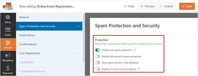 Funzionalità di protezione antispam di WPForms