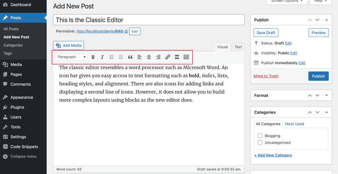 L'interfaccia dell'editor classico