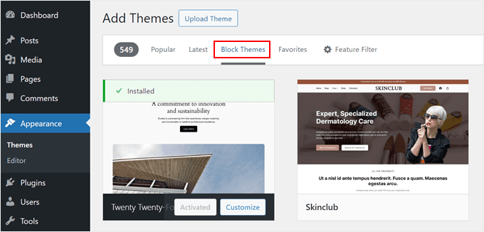 Trovare temi di blocco WordPress nell'area di amministrazione