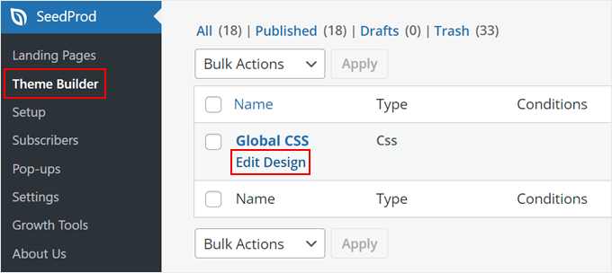 Modifica del CSS globale di un kit di modelli di temi in SeedProd