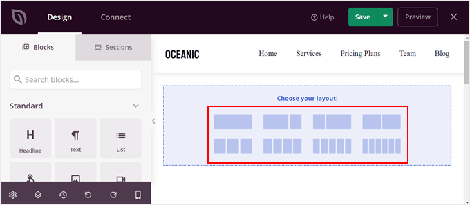 Scegliere un layout per la sezione in un modello di tema SeedProd