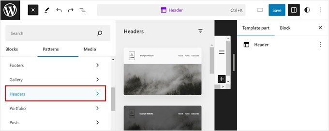 Trovare modelli di intestazioni WordPress nell'editor completo del sito