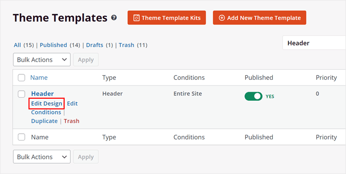 Modifica del modello del tema dell'intestazione in SeedProd