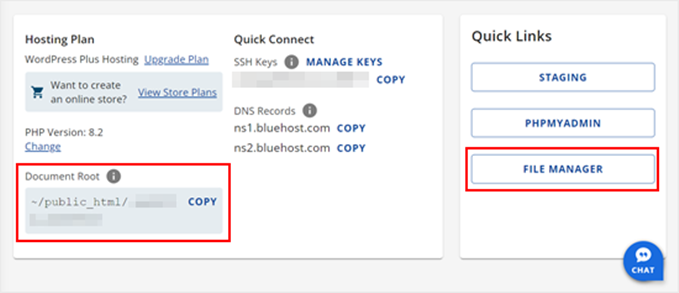 Apertura del file manager di Bluehost