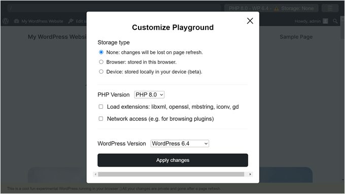 Personalizzazione delle impostazioni di WordPress Playground