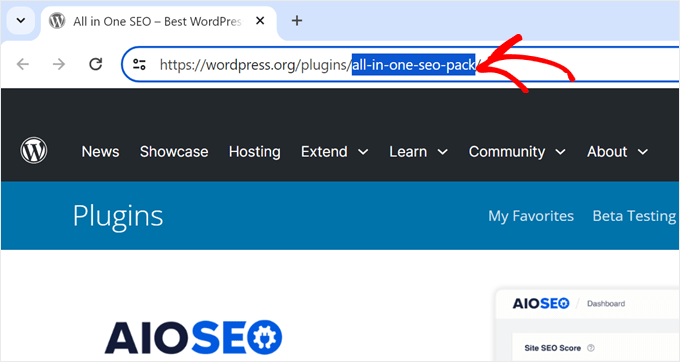 Evidenziando lo slug URL di AIOSEO nella directory dei plugin di WordPress.org