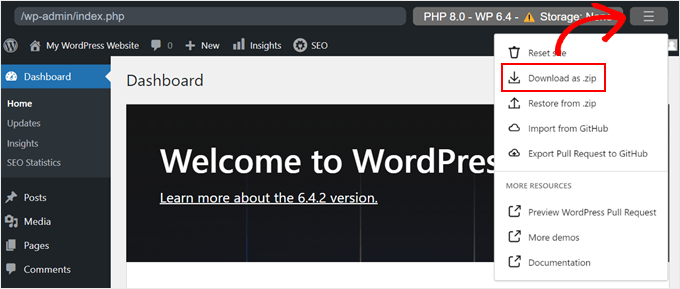 Download di un file WordPress Playground