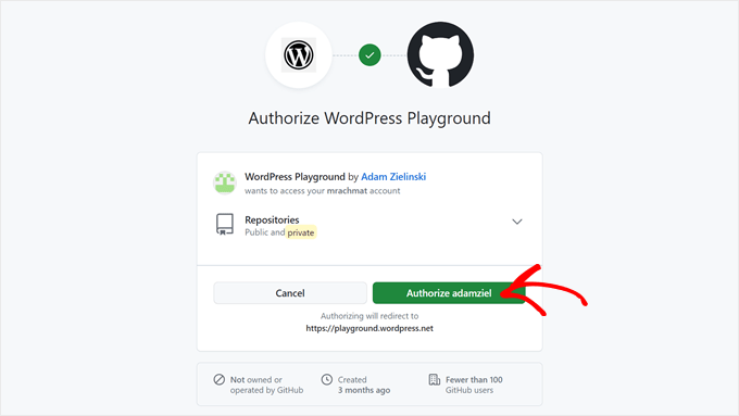 Autorizzare WordPress Playground ad avere accesso al tuo GitHub