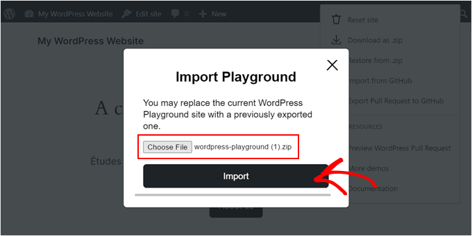 Importazione di un file zip WordPress Playground