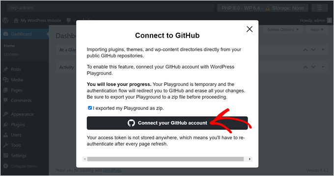 Connessione di GitHub con WordPress Playground