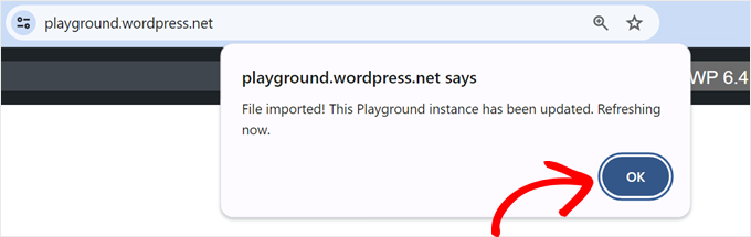 Un messaggio popup informa che l'importazione del file WordPress Playground è avvenuta con successo