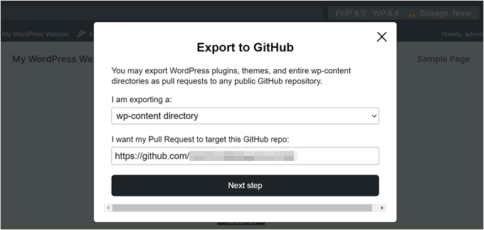 Scelta di un repository GitHub in cui esportare WordPress Playground