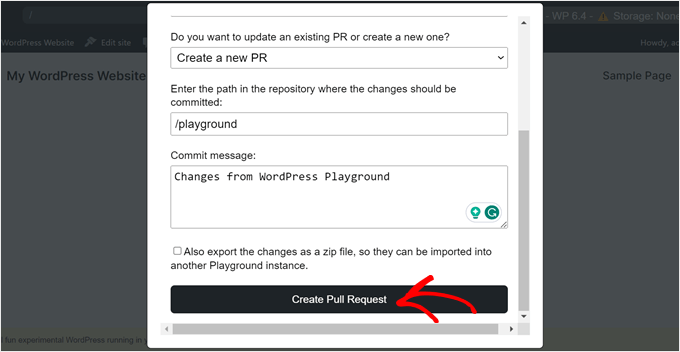 Creazione di una nuova richiesta pull in GitHub per un'istanza WordPress Playground
