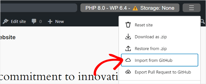 Importazione di un'istanza WordPress Playground da GitHub