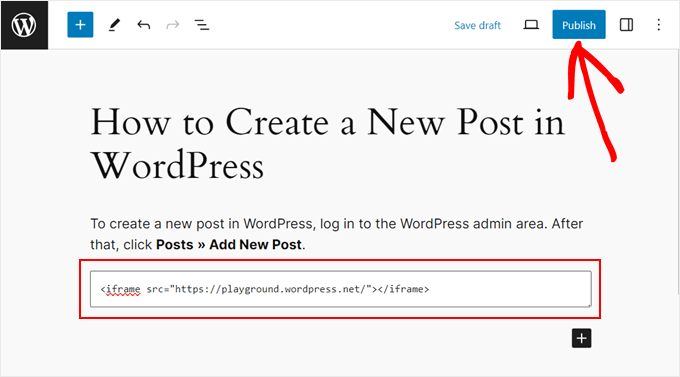 Aggiunta del codice iFrame di WordPress Playground nell'editor dei blocchi