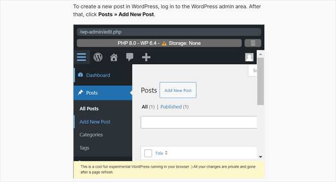 Come appare il codice iFrame di WordPress Playground sul front-end quando è allineato