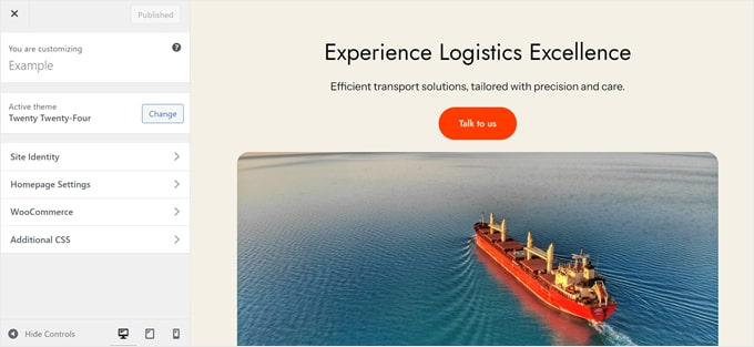 Utilizzo del personalizzatore di temi WordPress per modificare un sito Web di trasporti e logistica