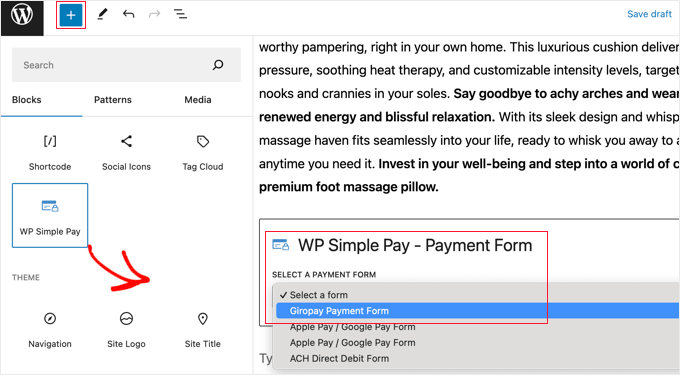 Aggiunta di un blocco WP Simple Pay a un post o una pagina esistente