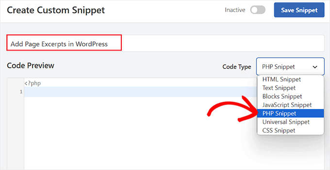 Scegli l'opzione Snippet PHP per il codice degli estratti di pagina