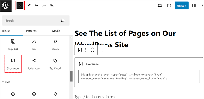 Aggiungi lo shortcode dell'estratto di pagina nell'editor di blocchi