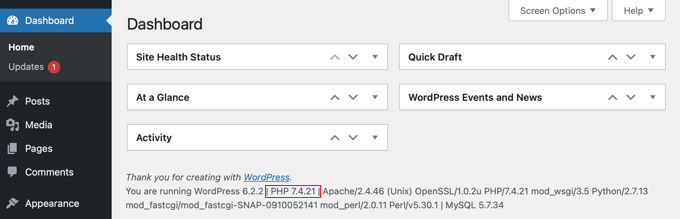 Versione PHP nella dashboard di amministrazione di WordPress